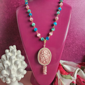 collana catena rosario con occhio di gatto e cammeo in ceramica di caltagirone 9