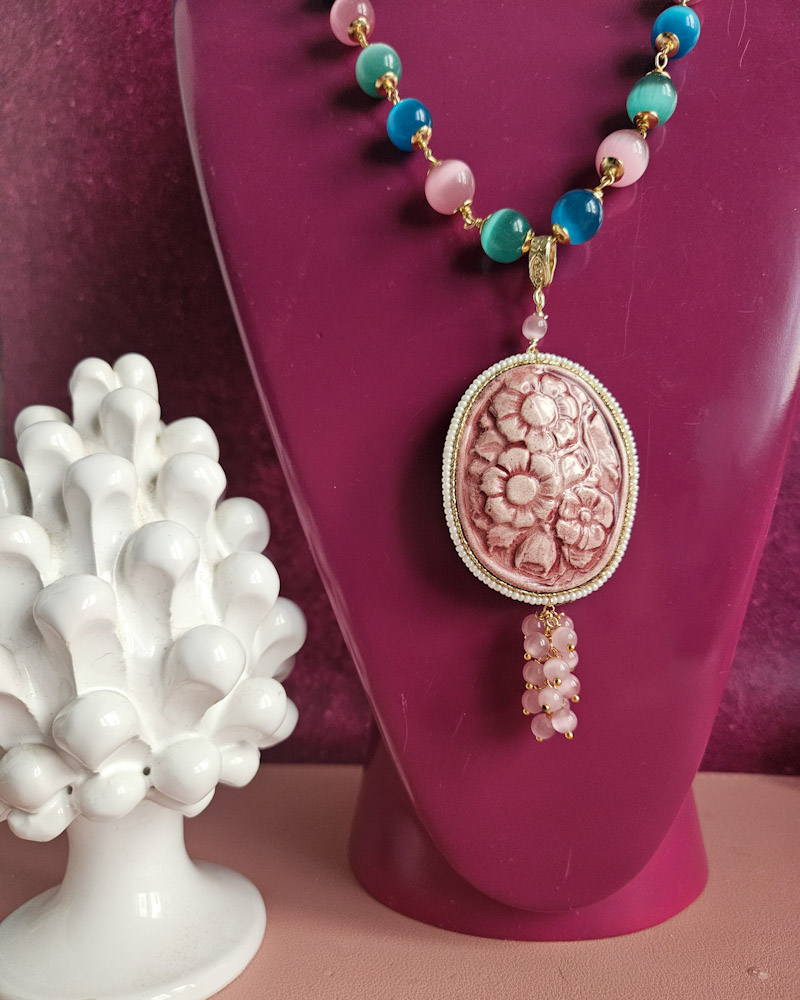 collana catena rosario con occhio di gatto e cammeo in ceramica di caltagirone 21