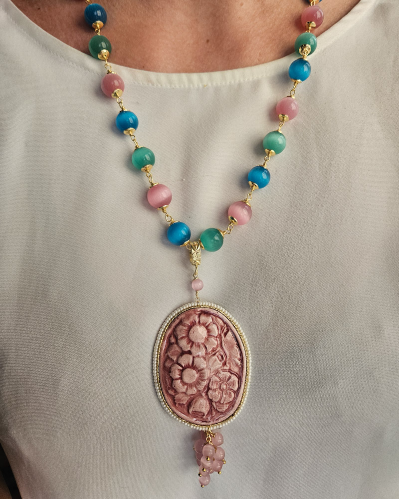 collana catena rosario con occhio di gatto e cammeo in ceramica di caltagirone 23