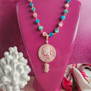 collana catena rosario con occhio di gatto e cammeo in ceramica di caltagirone 8