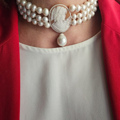 collana choker a tre fili con cammeo di torre del greco