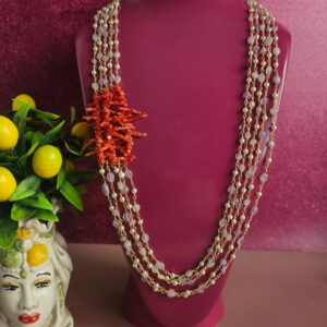 collana cinque fili con ametista lavanda e corallo rosso