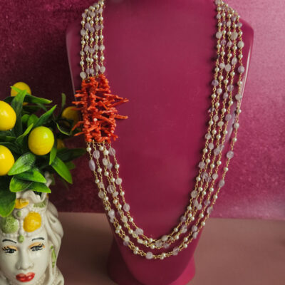 collana cinque fili con ametista lavanda e corallo rosso