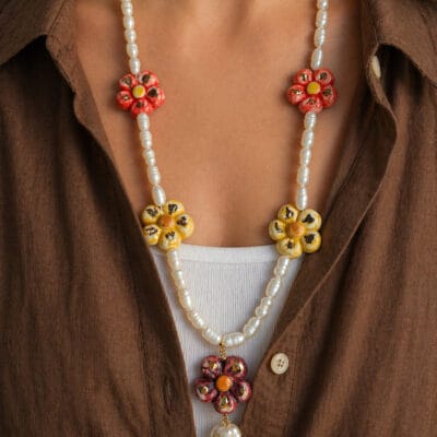 Collana di Perle con Fiorellini in Ceramica di Caltagirone