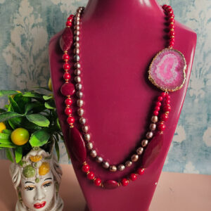 collana doppia con agata borgogna e giada naturale fucsia