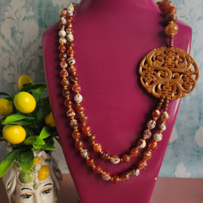 collana doppia con agata fuoco rossa e giada naturale