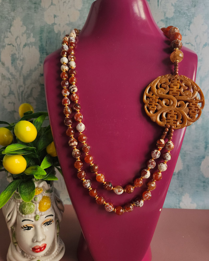 collana doppia con agata fuoco rossa e giada naturale 5 collana doppia con agata fuoco rossa e giada naturale