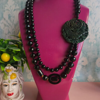 collana doppia in onice nero con giada burma verde