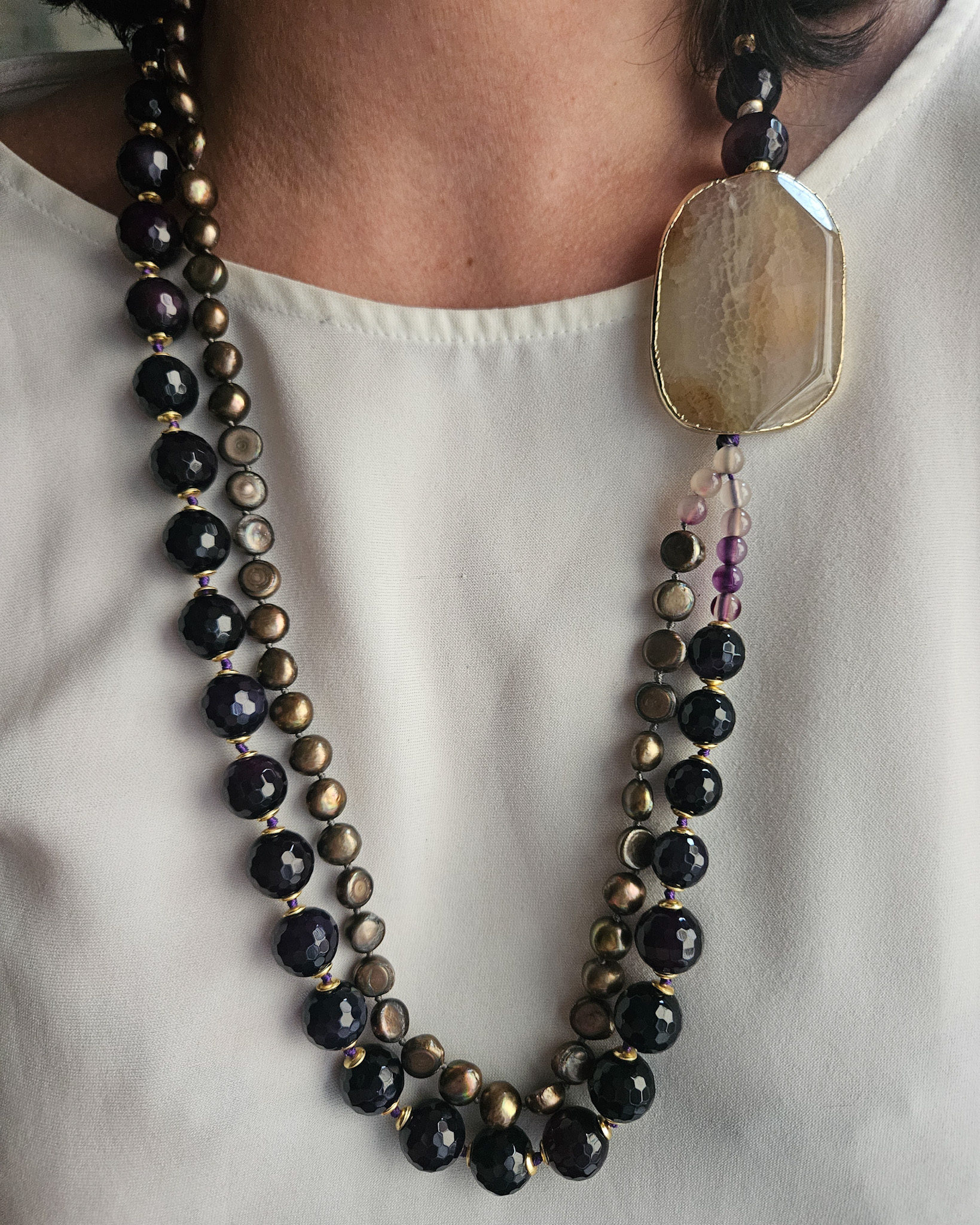 collana doppia pietre agata viola con giada naturale gialla 1