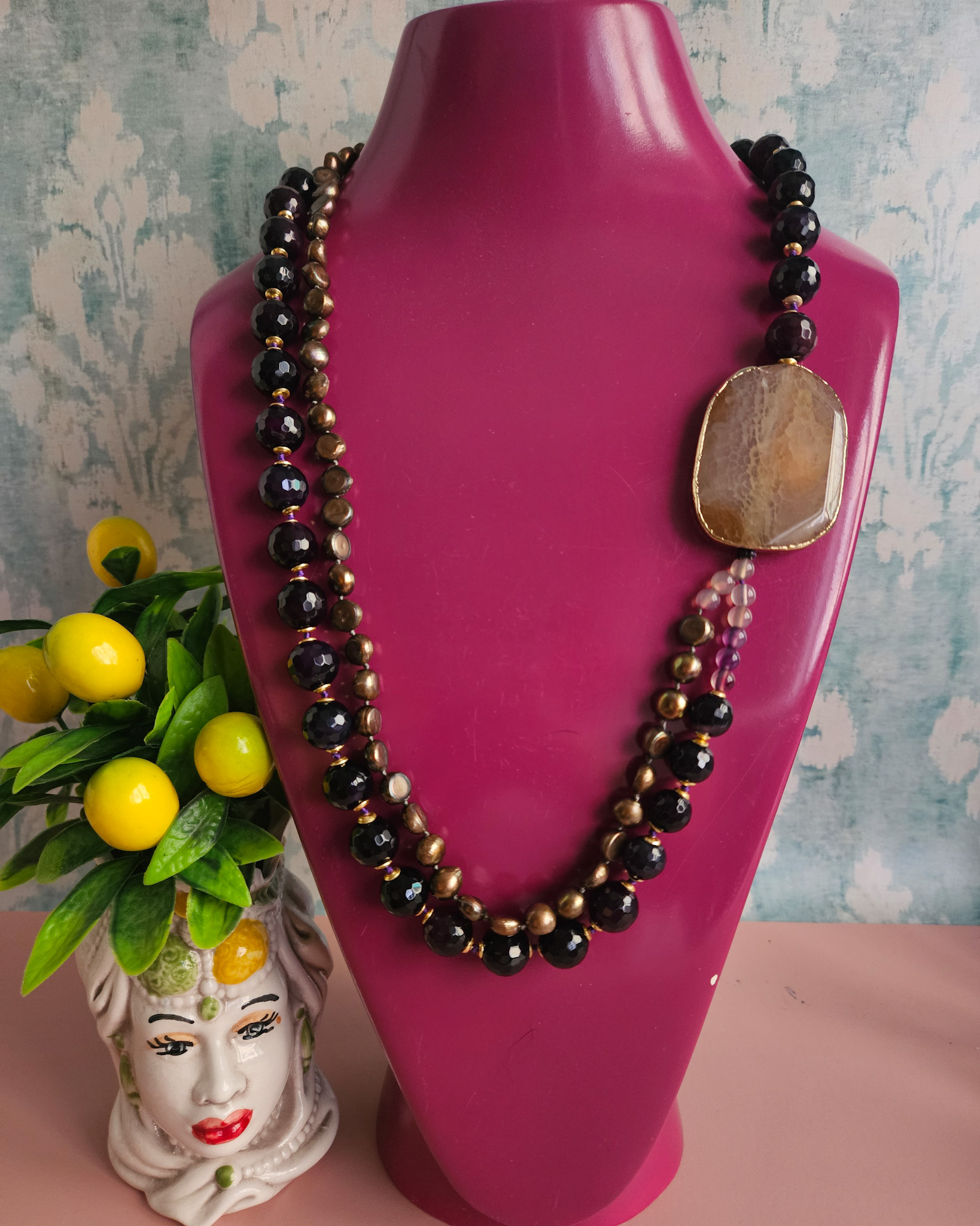 collana doppia pietre agata viola con giada naturale gialla collana doppia pietre agata viola con giada naturale gialla