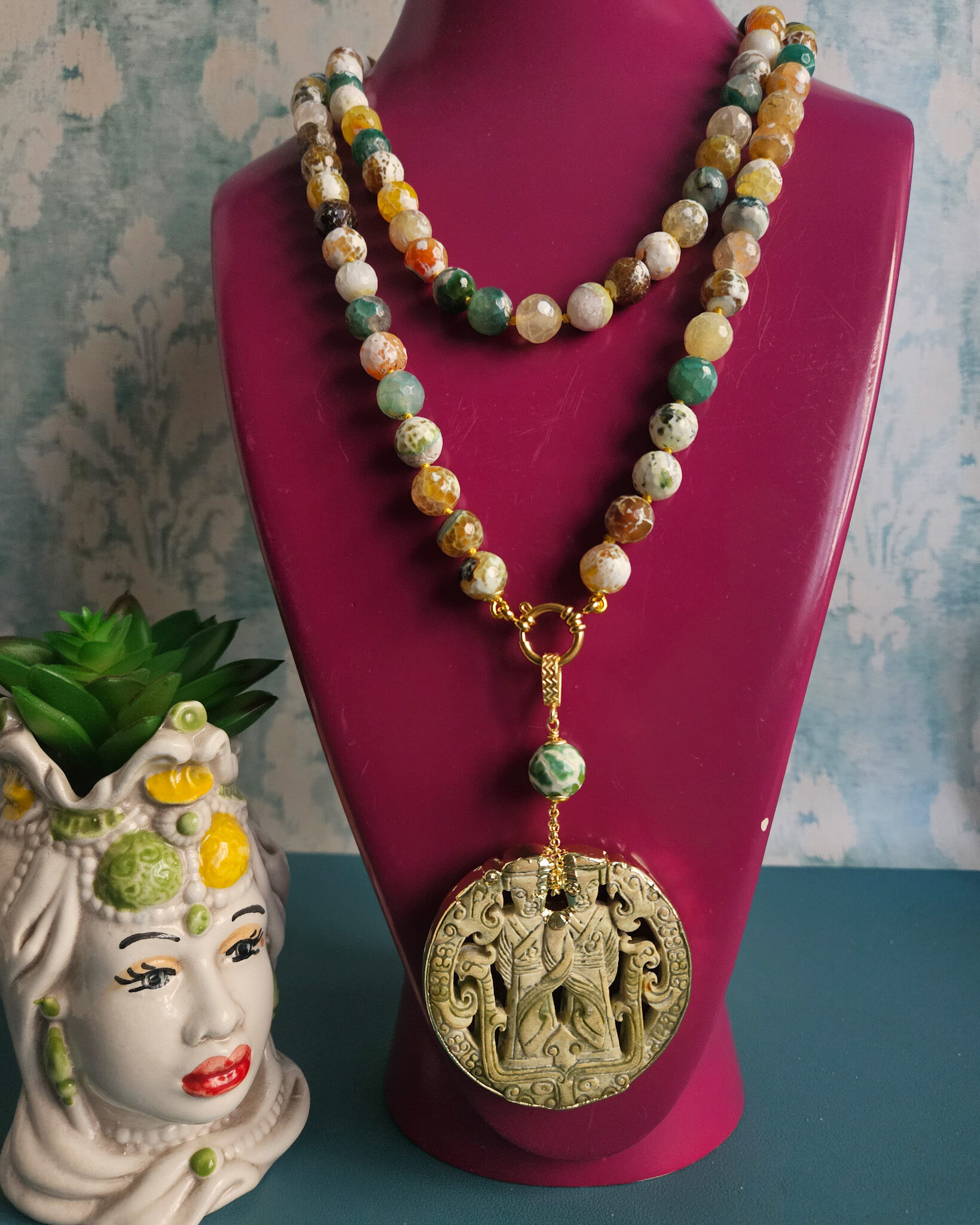 collana extra lunga in agata fuoco verde e ciondolo giada burma verde 3