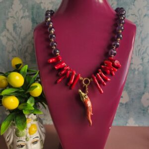 collana girocollo con ametista corallo bambù rosso e peperoncino in ceramica di caltagirone 1