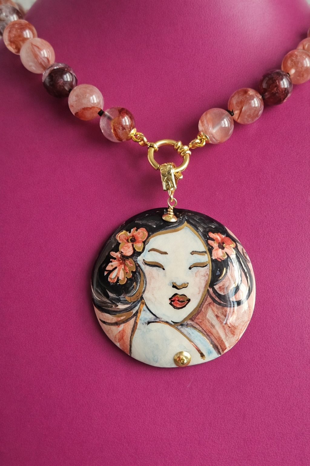 collana girocollo con diaspro ematoide e ciondolo in ceramica di caltagirone dipinto a mano 7