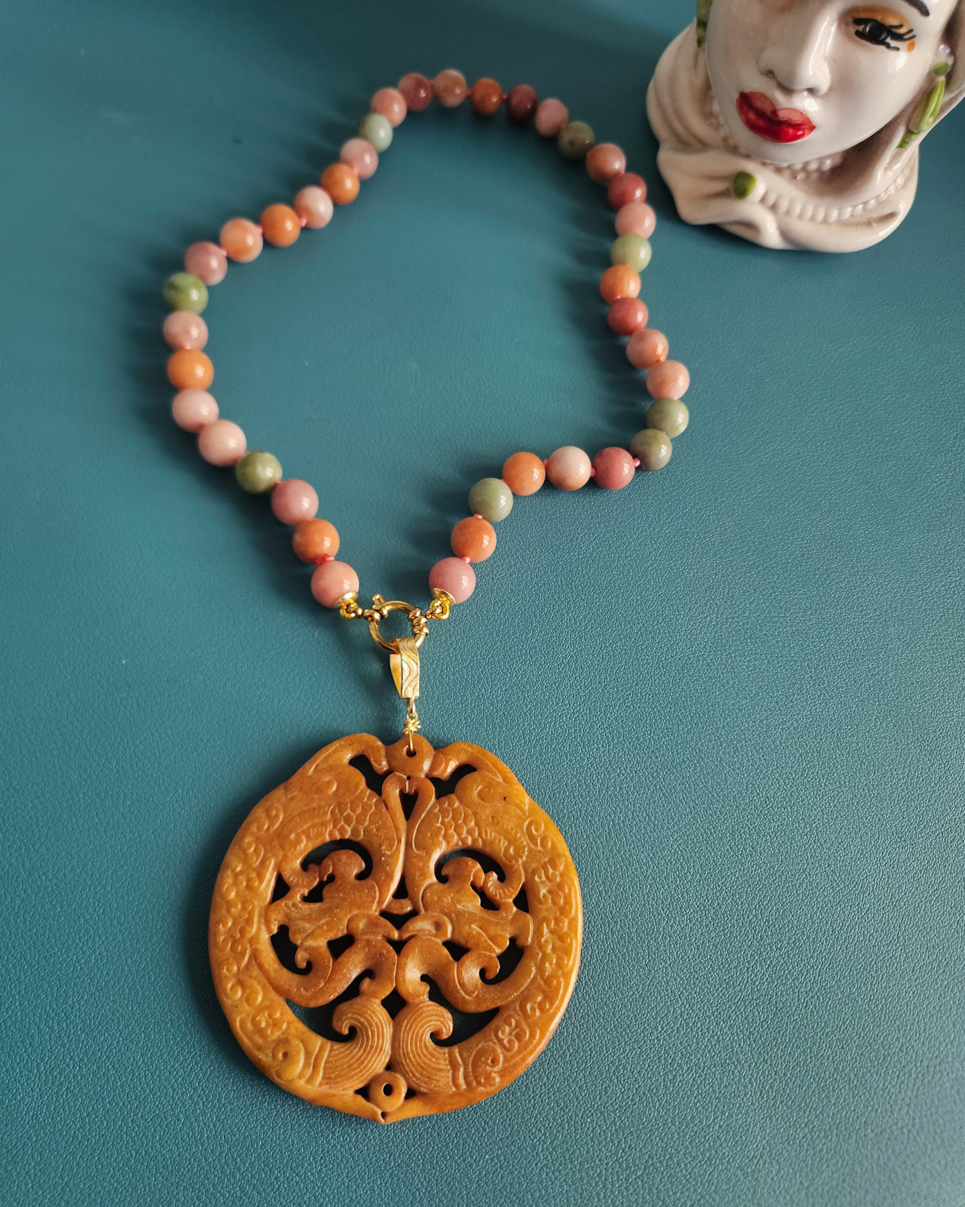 collana girocollo con giada kunzite e giada burma gialla pendente 1