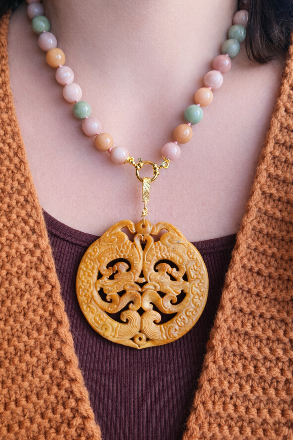 collana girocollo con giada kunzite e giada burma gialla pendente