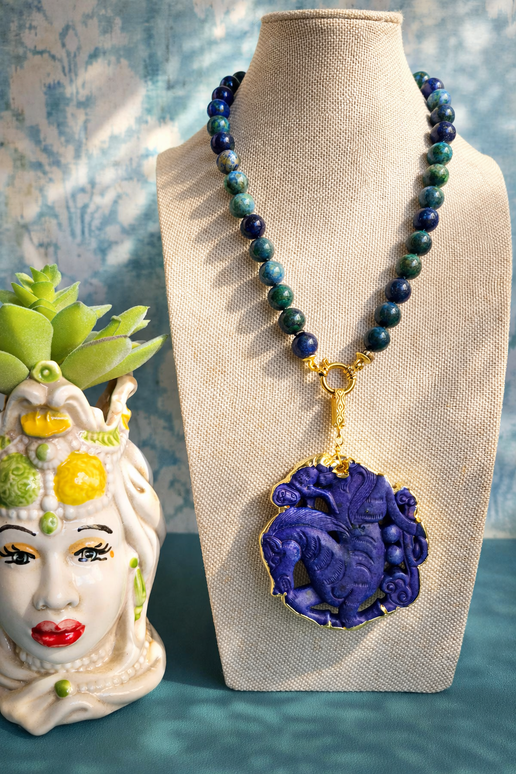 collana girocollo con lapislazzuli afghanistan e ciondolo giada burma blu 2