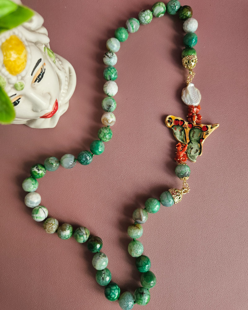 collana lunga con agata fuoco verde e sicilia in ceramica di caltagirone 6
