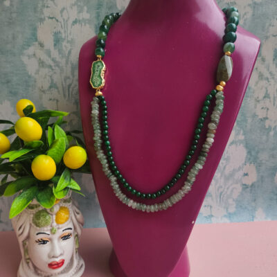 collana lunga con pietre naturali agata striata verde e amazzonite