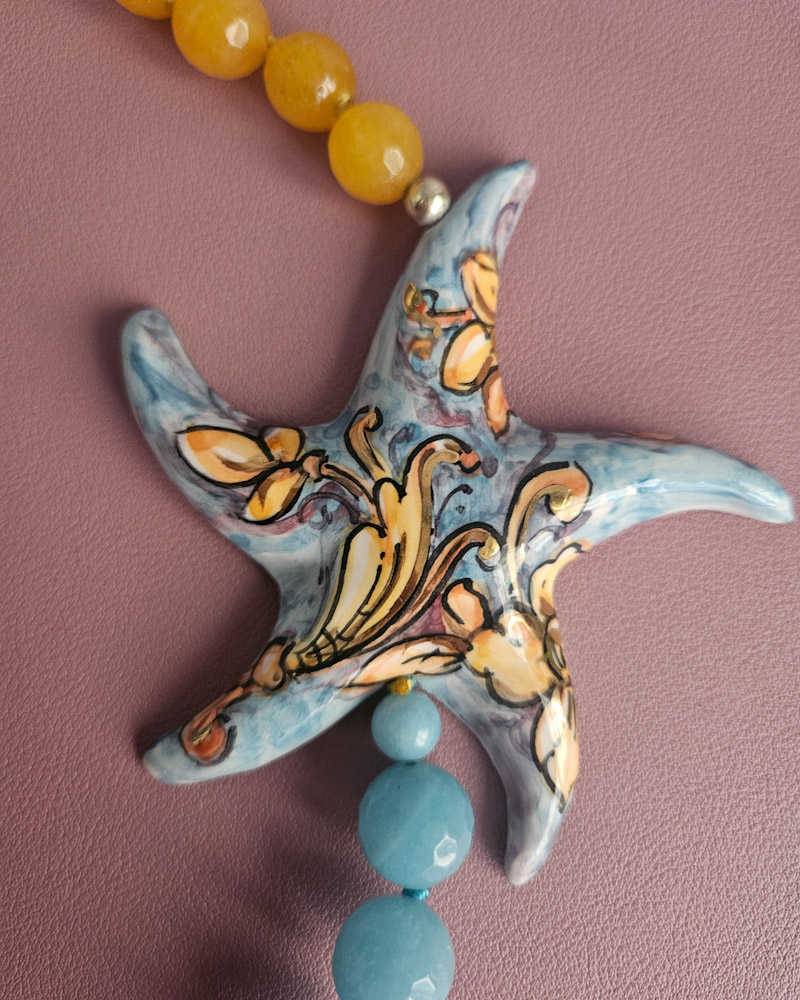 collana lunga in angelite agata gialla e stella marena in ceramica di caltagirone 1