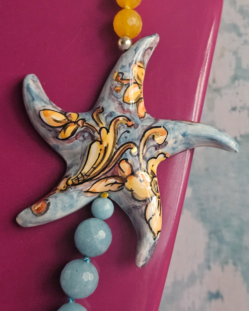 collana lunga in angelite agata gialla e stella marena in ceramica di caltagirone 2