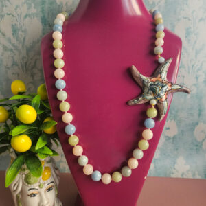 collana lunga siciliana in morganite naturale e stella marina in ceramica di caltagirone