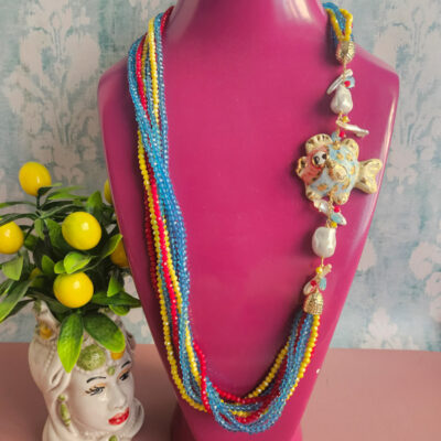 collana multifilo 8 fili con cristalli colorati e pesciolino in ceramica di caltagirone