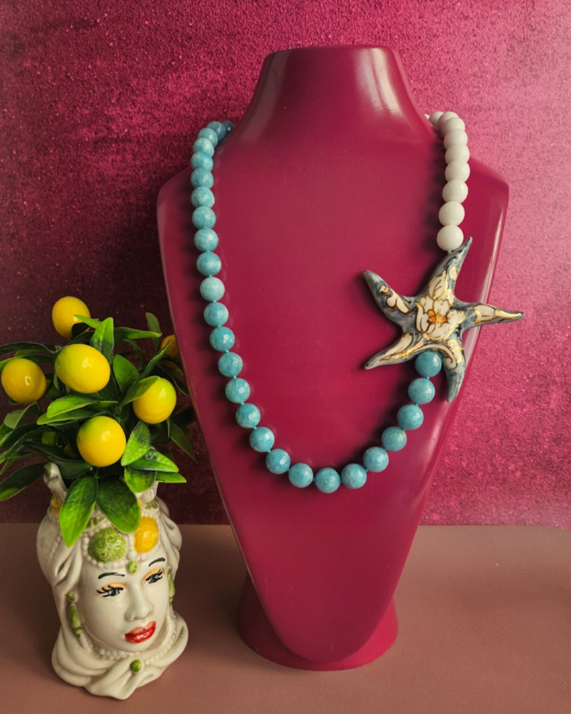 collana siciliana con angelite agata bianca e stella marina in ceramica di caltagirone 6