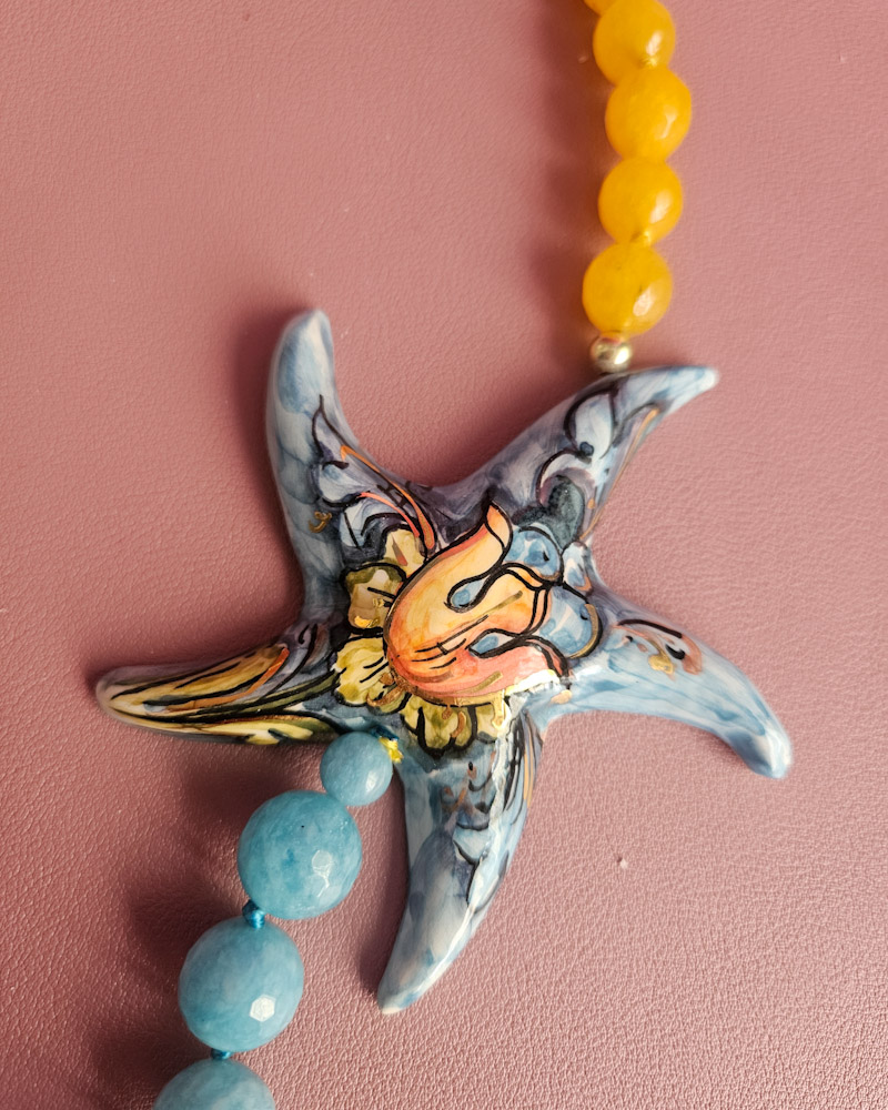collana siciliana con angelite agata gialla e grande stella marina in ceramica di caltagirone 1