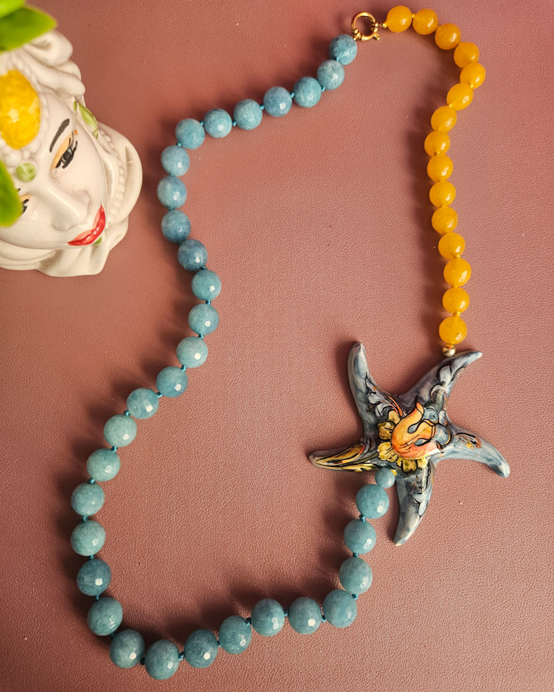 collana siciliana con angelite agata gialla e grande stella marina in ceramica di caltagirone 3