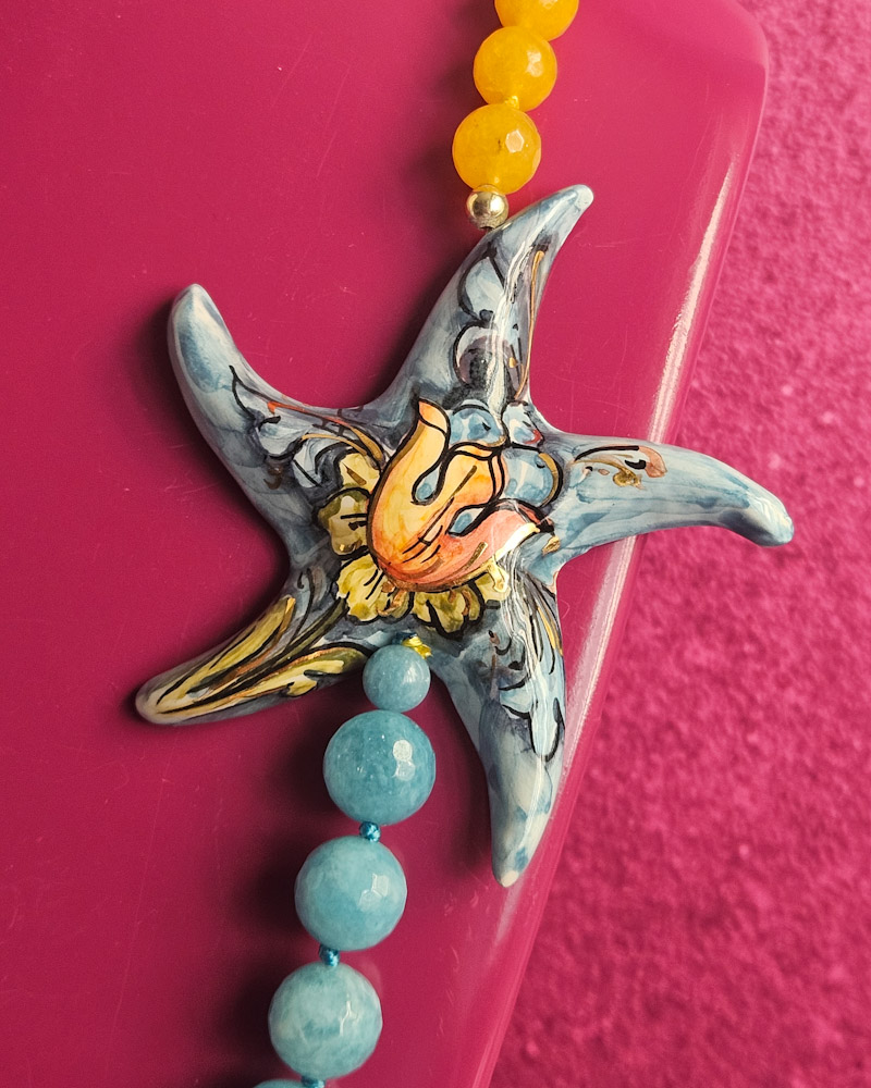 collana siciliana con angelite agata gialla e grande stella marina in ceramica di caltagirone 4