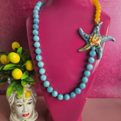 collana siciliana con angelite agata gialla e grande stella marina in ceramica di caltagirone