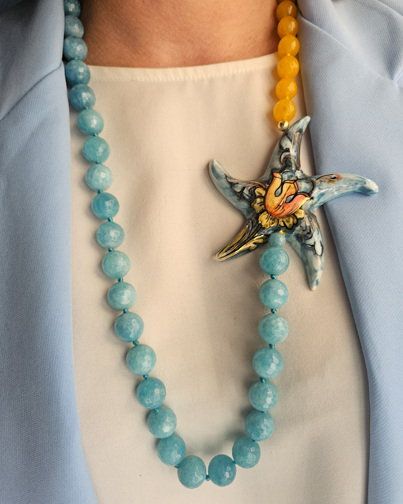 collana siciliana con angelite agata gialla e grande stella marina in ceramica di caltagirone 5