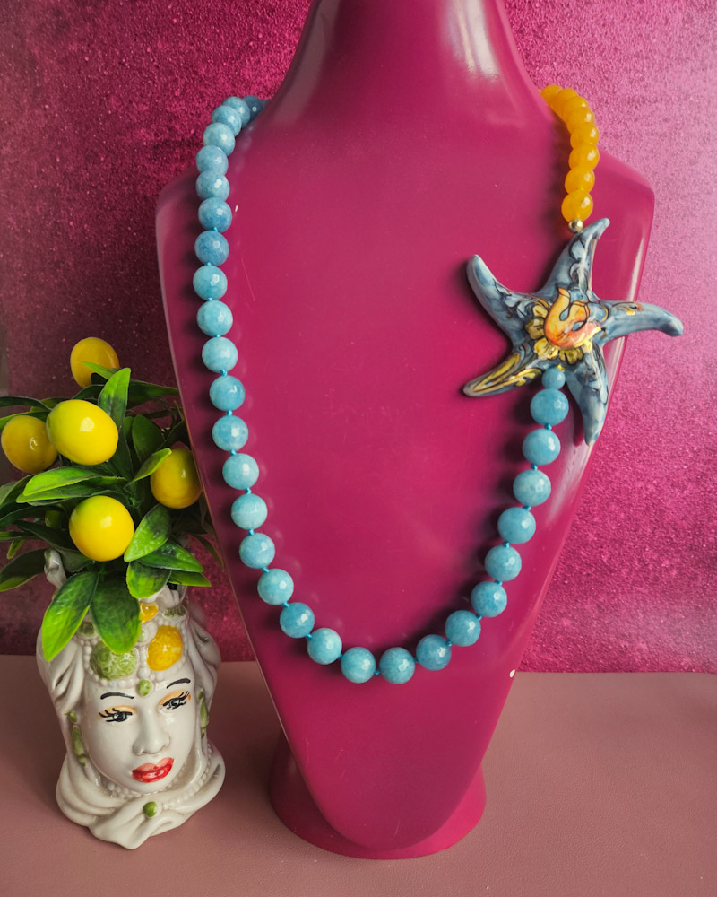 collana siciliana con angelite agata gialla e grande stella marina in ceramica di caltagirone collana siciliana con angelite agata gialla e grande stella marina in ceramica di caltagirone