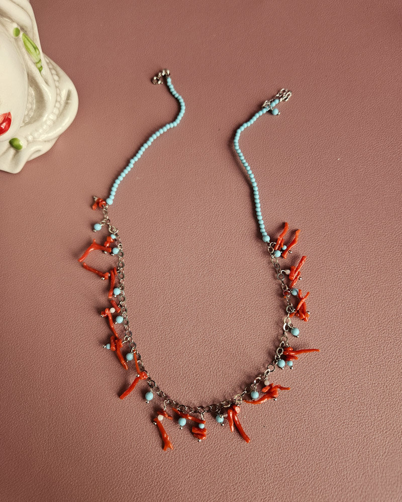collana sottile in Argento 925 con turchese e corallo rosso 1