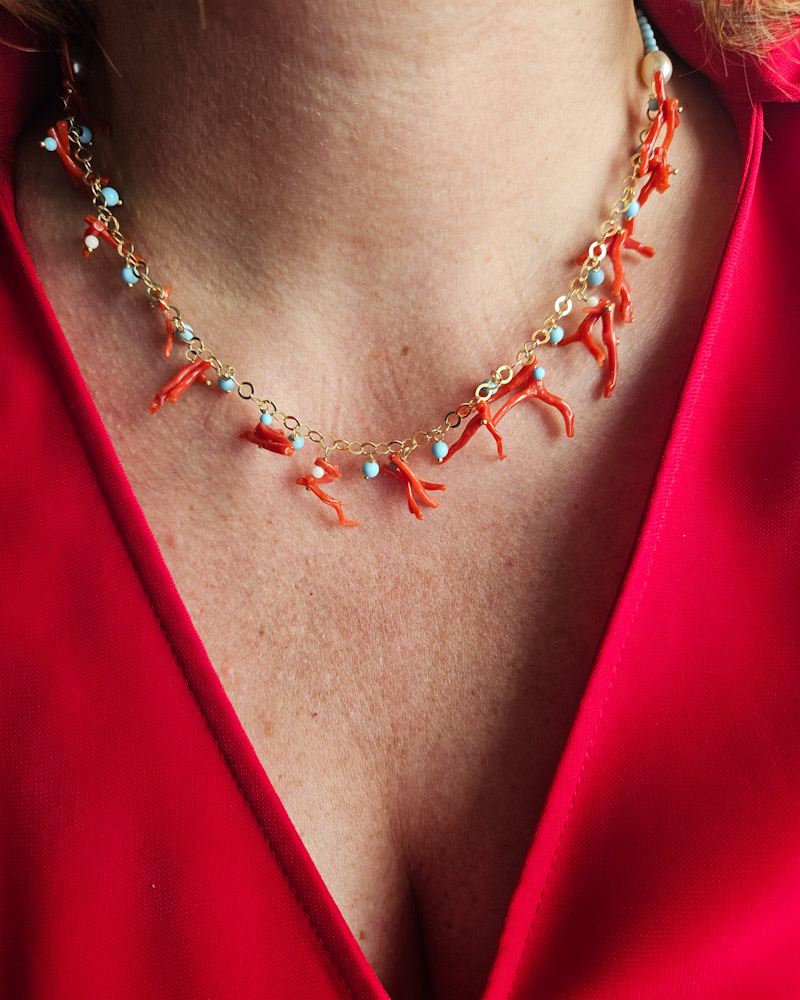 collana sottile in Argento 925 con turchese e corallo rosso 5