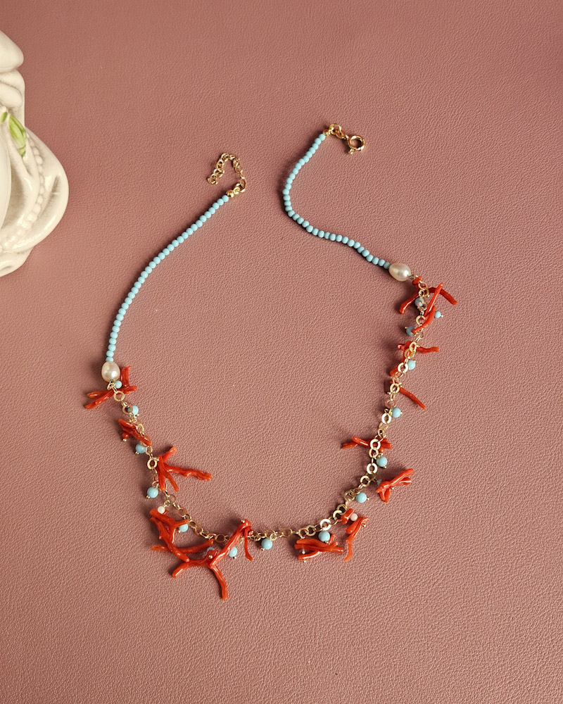 collana sottile in Argento 925 con turchese e corallo rosso 8