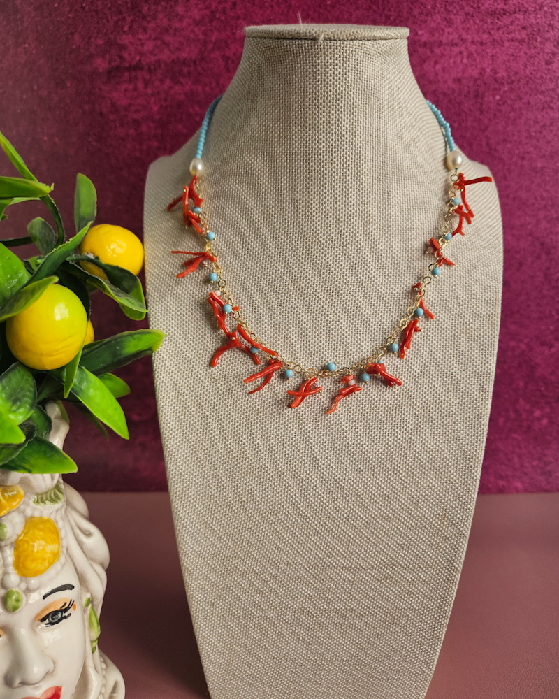 collana sottile in Argento 925 con turchese e corallo rosso collana sottile in Argento 925 con turchese e corallo rosso