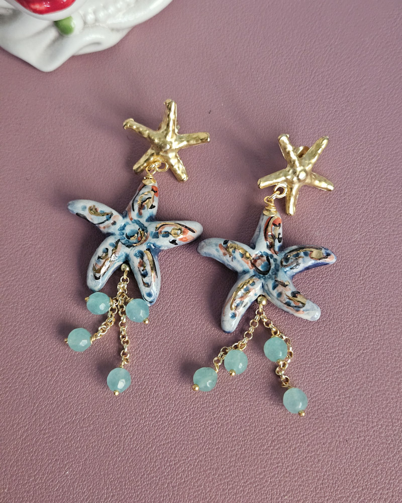 orecchini siciliani con stelle marine in ceramica di caltagirone e giada verde acqua 4