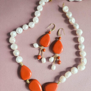 parure 2 ANIME collana e orecchini con perle naturali e gocce in pasta di corallo 6