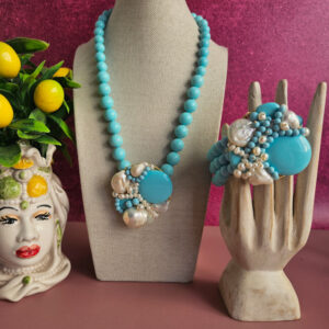 parure collana e bracciale con pasta di turchese e perle barocche