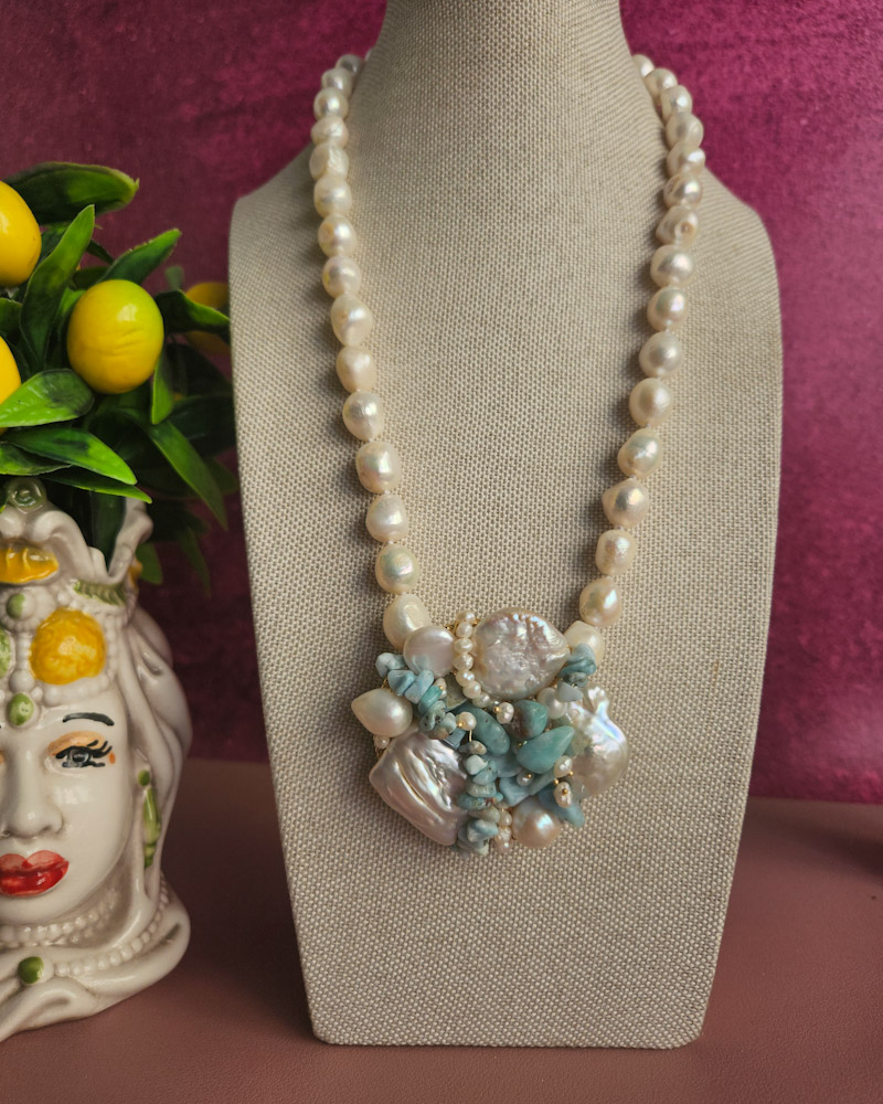 parure collana e bracciale multifilo con perle di fiume e amazzonite 1