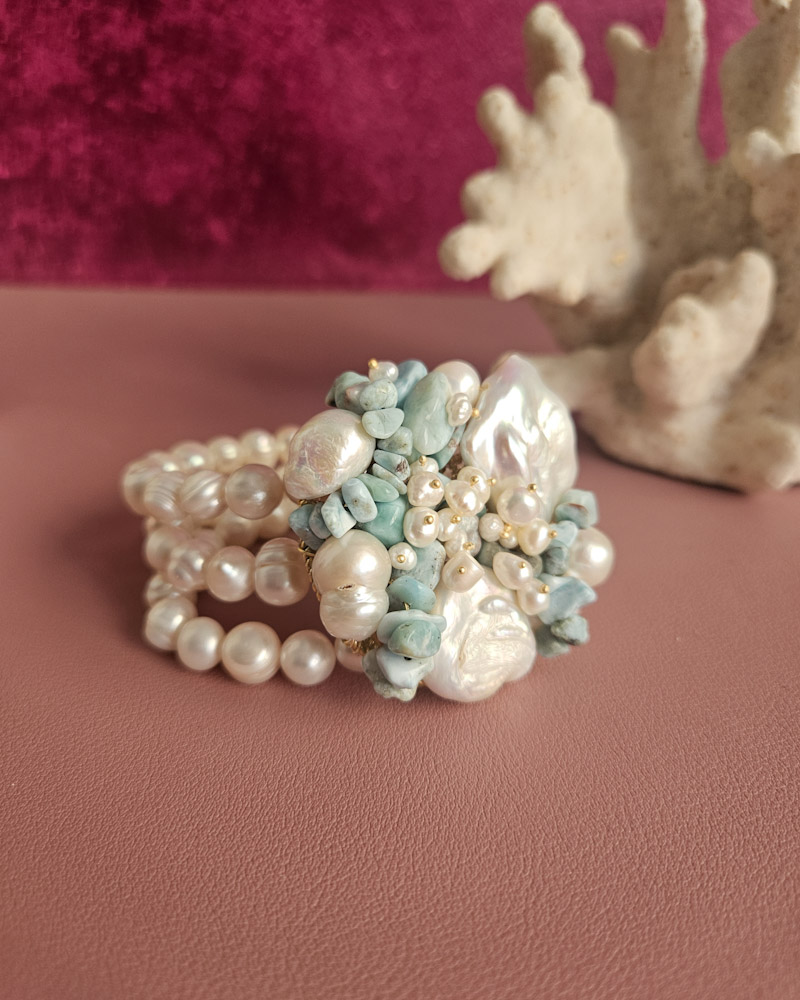 parure collana e bracciale multifilo con perle di fiume e amazzonite 10