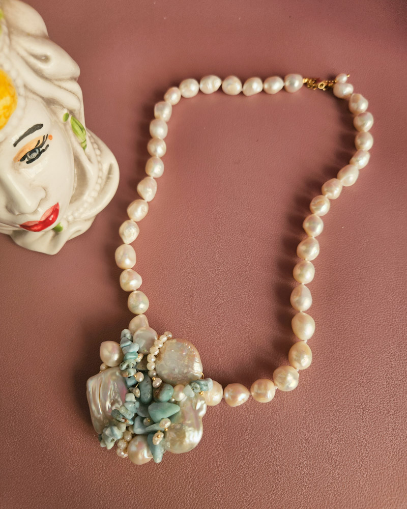 parure collana e bracciale multifilo con perle di fiume e amazzonite 11