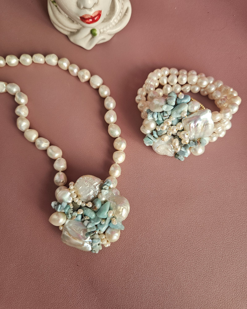 parure collana e bracciale multifilo con perle di fiume e amazzonite 12