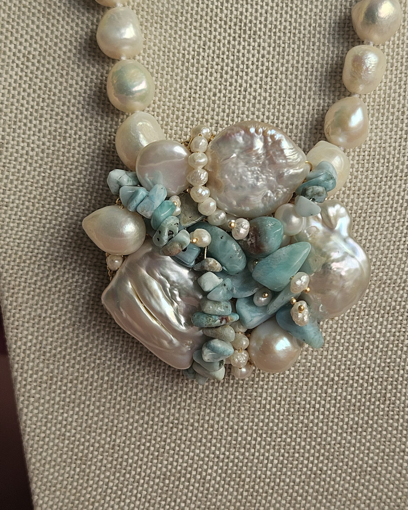 parure collana e bracciale multifilo con perle di fiume e amazzonite 13
