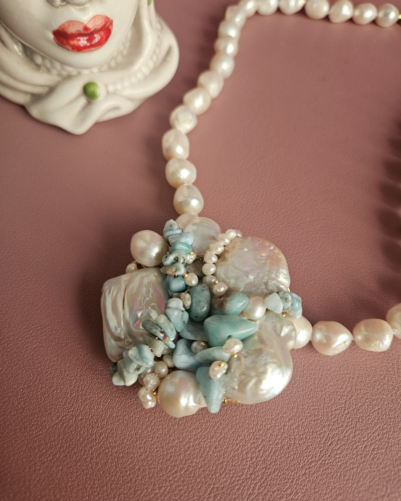 parure collana e bracciale multifilo con perle di fiume e amazzonite 2