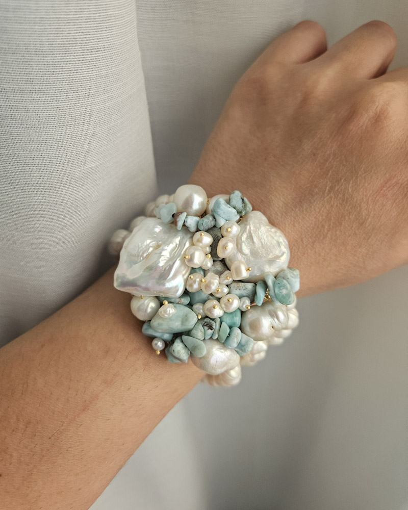parure collana e bracciale multifilo con perle di fiume e amazzonite 5