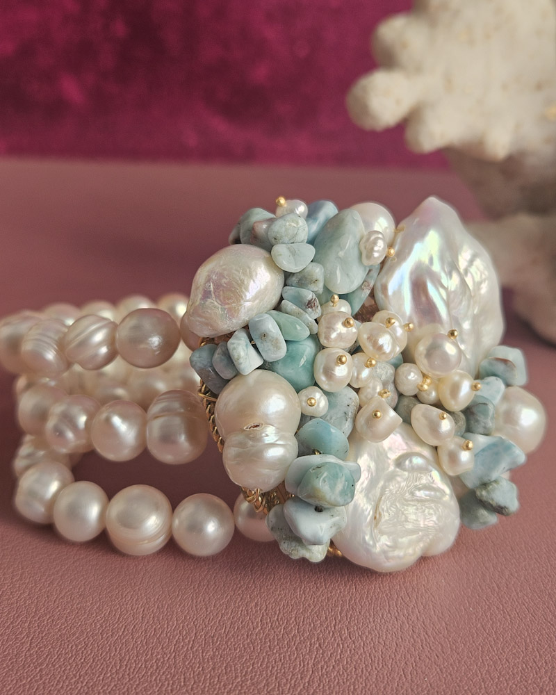 parure collana e bracciale multifilo con perle di fiume e amazzonite 6