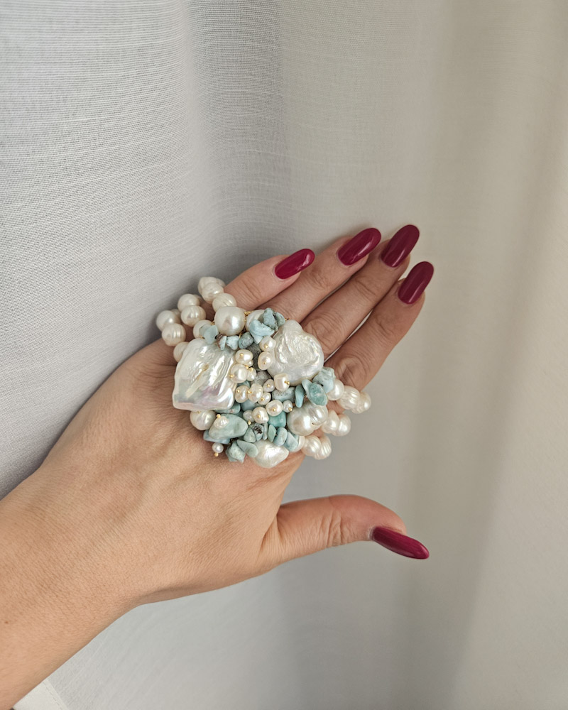 parure collana e bracciale multifilo con perle di fiume e amazzonite 7