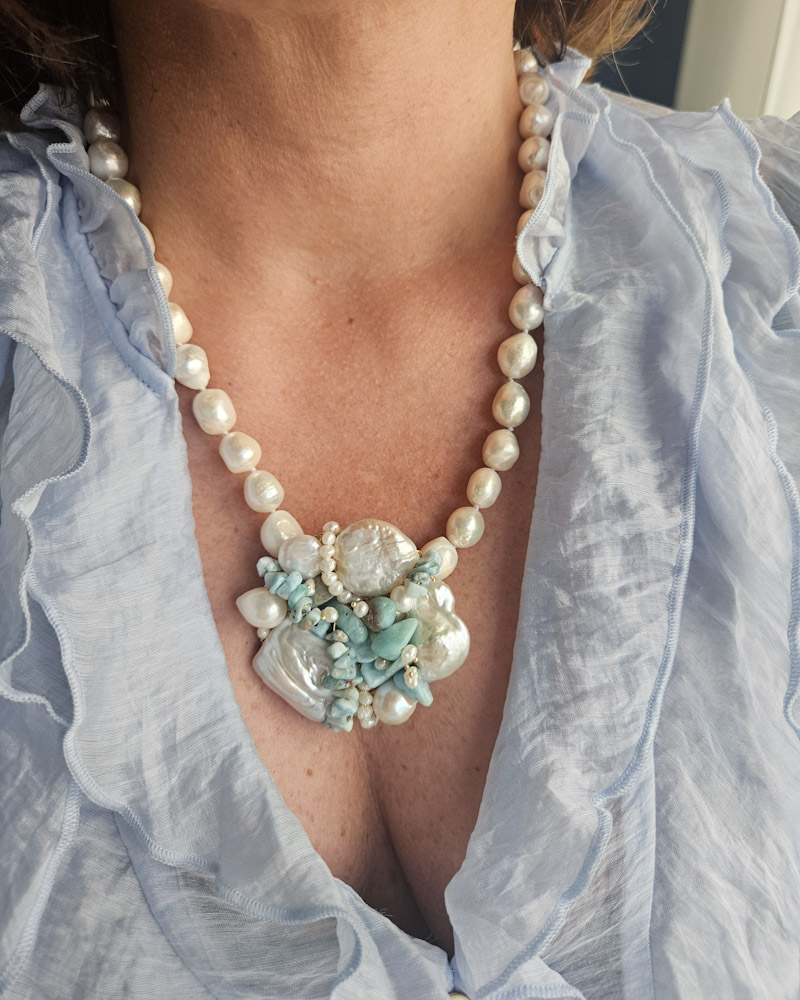 parure collana e bracciale multifilo con perle di fiume e amazzonite 8